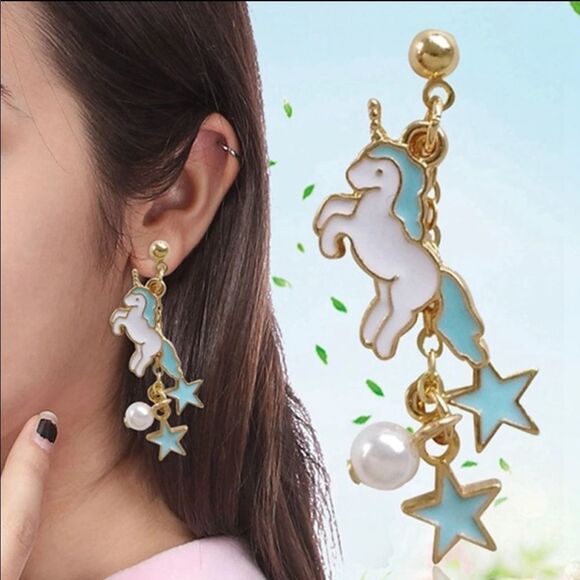 (i1) Blue Unicorn Earrings - Picture 1 of 5